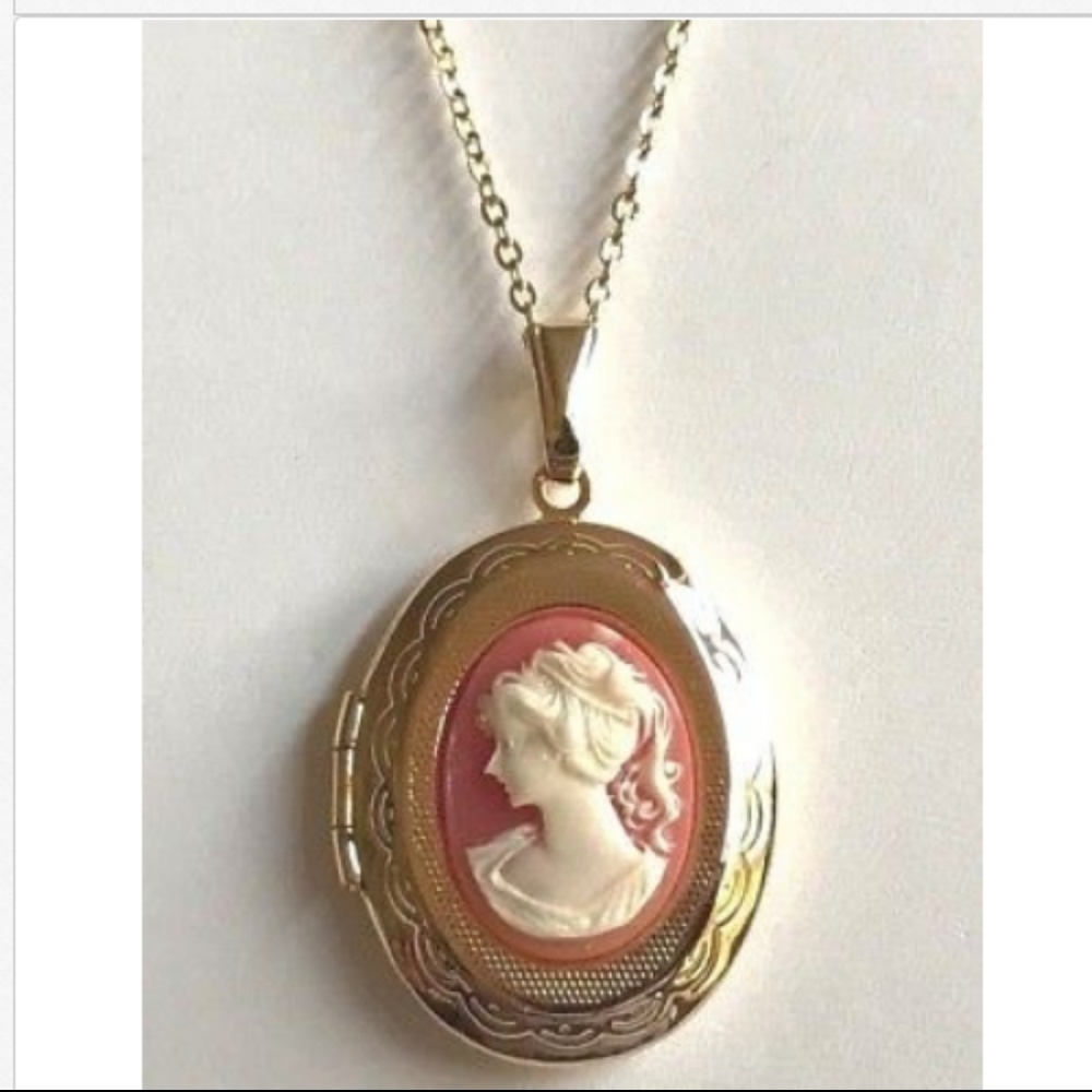 Gold Cameo Necklace 18" Coral Vintage Style Plated Photo Picture Locket Resin